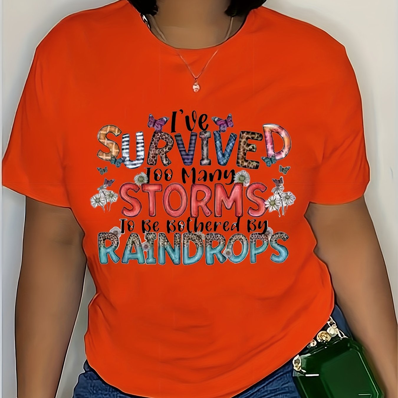 Oversized Tshirts For Women T Shirt Graphic Tees Loose Crewneck Pattern Sleeve Cute Print Fashion Summer Tops -I've Survived Too Many Storms Bothered By Raindrops