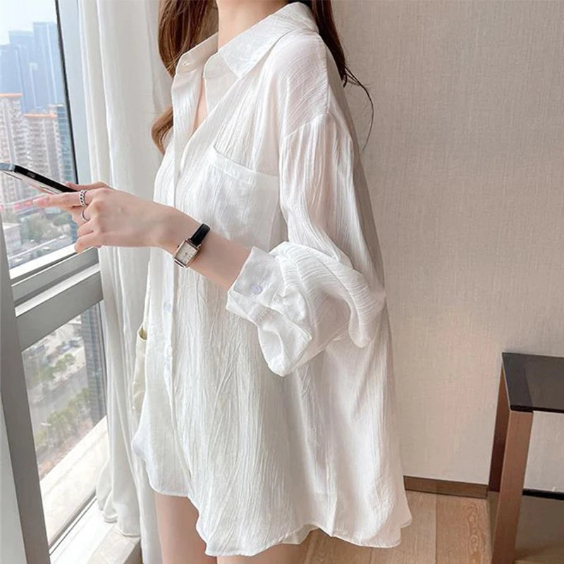 Concise Single Breasted Shirts for Women Spring Autumn 2025 Turn Down Collar Long Sleeve Blouses Woman Solid Color Outwear Lady