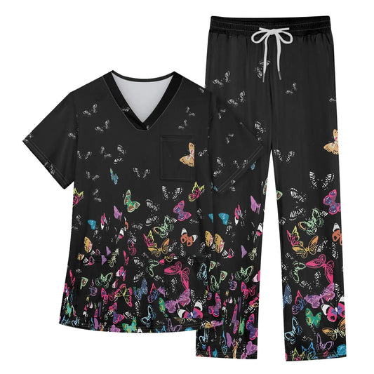 Women's Nursing uniform set Short Sleeve V Neck Animal Print Chest Pocket Top Elastic Waist Pants Two Piece Working Scrubs Set