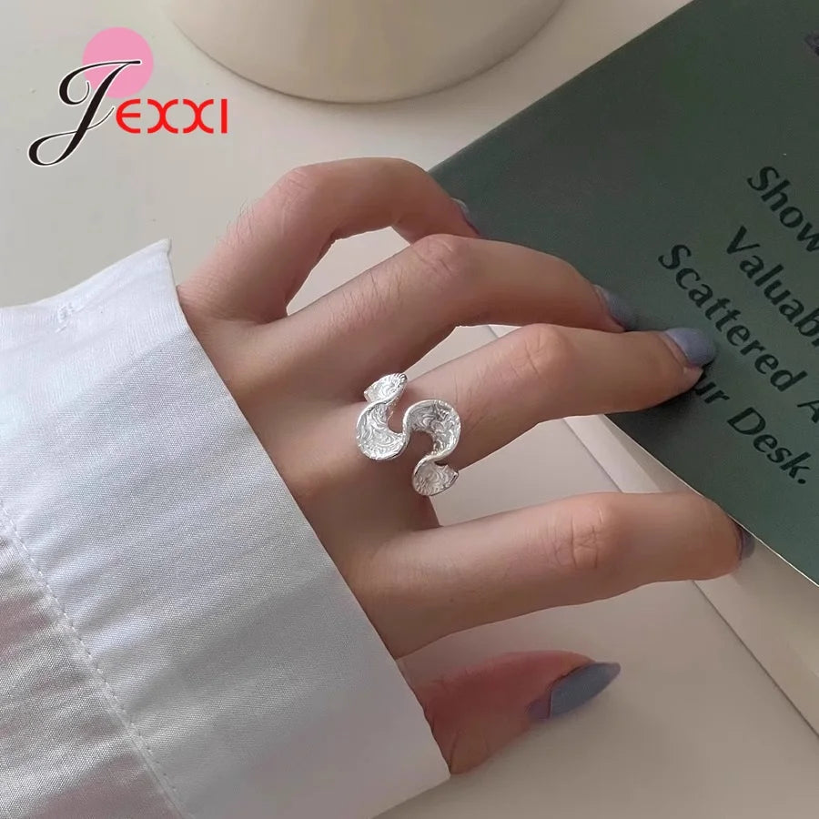 Genuine 925 Sterling Silver Rings For Women Girls Novel Geometric Design Fashionable Temperament Opening Finger Ring Adjustable