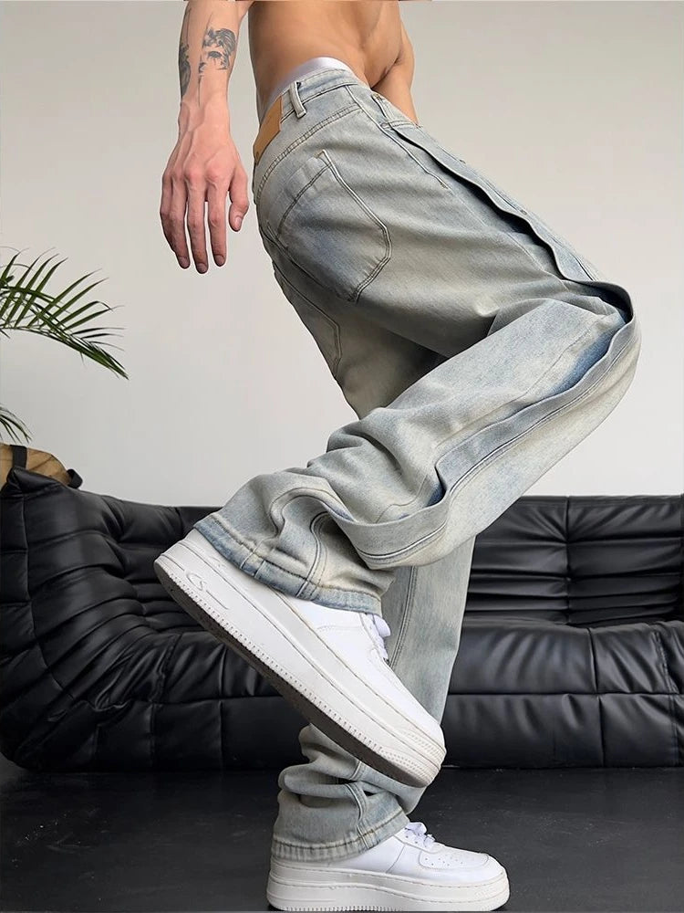 Jeans for Men Loose Light Blue Baggy Straight Man Cowboy Pants Punk Spliced Y2k Vintage Trousers 2024 Korean Autumn Trend Cotton