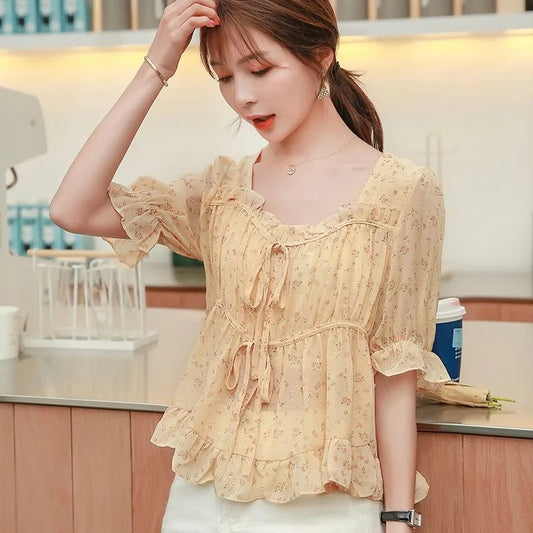 Shirts & Blouses for Women Simple Woman Top Ruffleswith Print New Collection 2024 Fashion Korea Stylish Summer Novelties M Tall