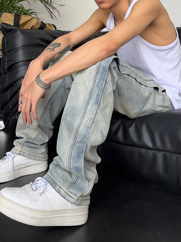 Jeans for Men Loose Light Blue Baggy Straight Man Cowboy Pants Punk Spliced Y2k Vintage Trousers 2024 Korean Autumn Trend Cotton