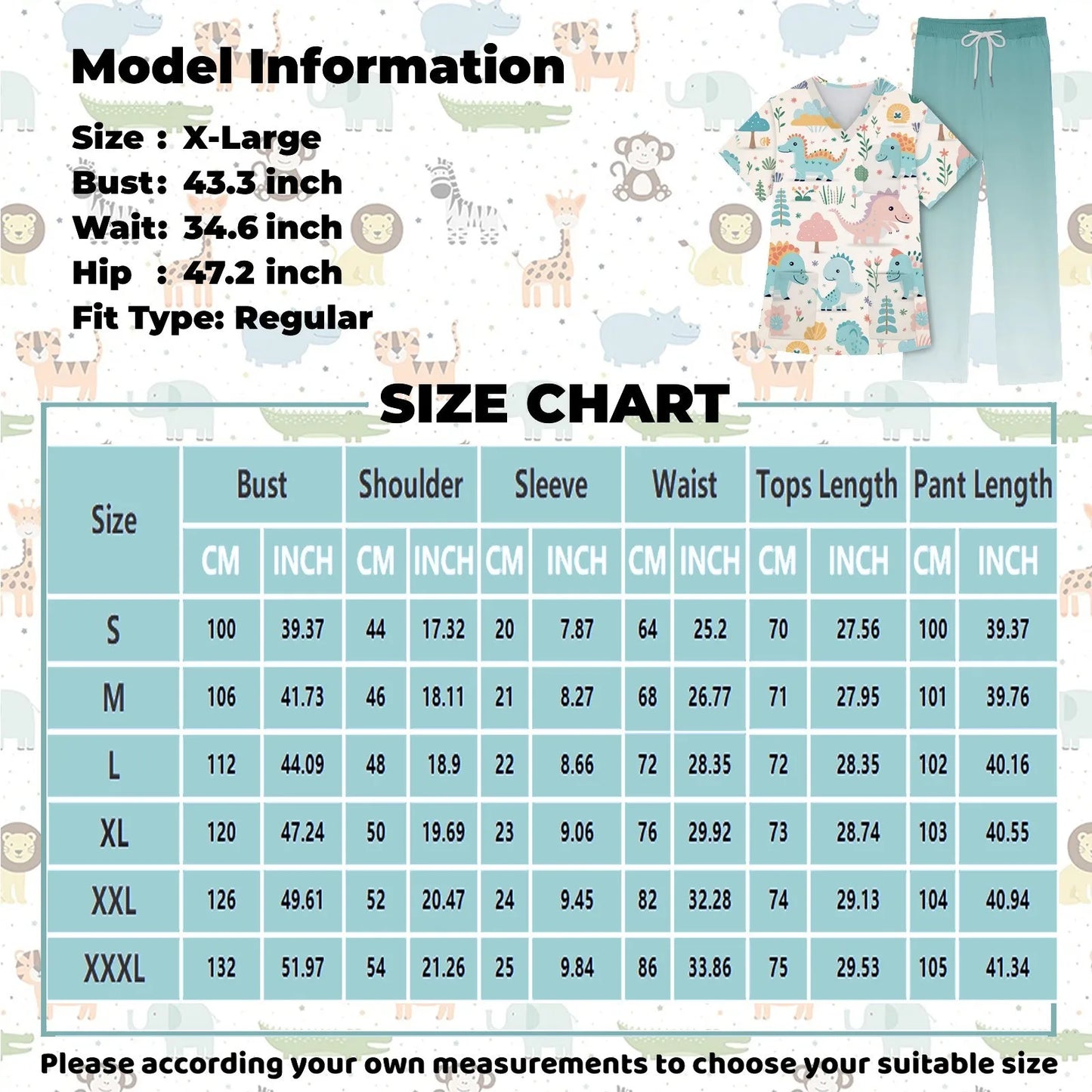Women's Nursing uniform set Short Sleeve V Neck Animal Print Chest Pocket Top Elastic Waist Pants Two Piece Working Scrubs Set