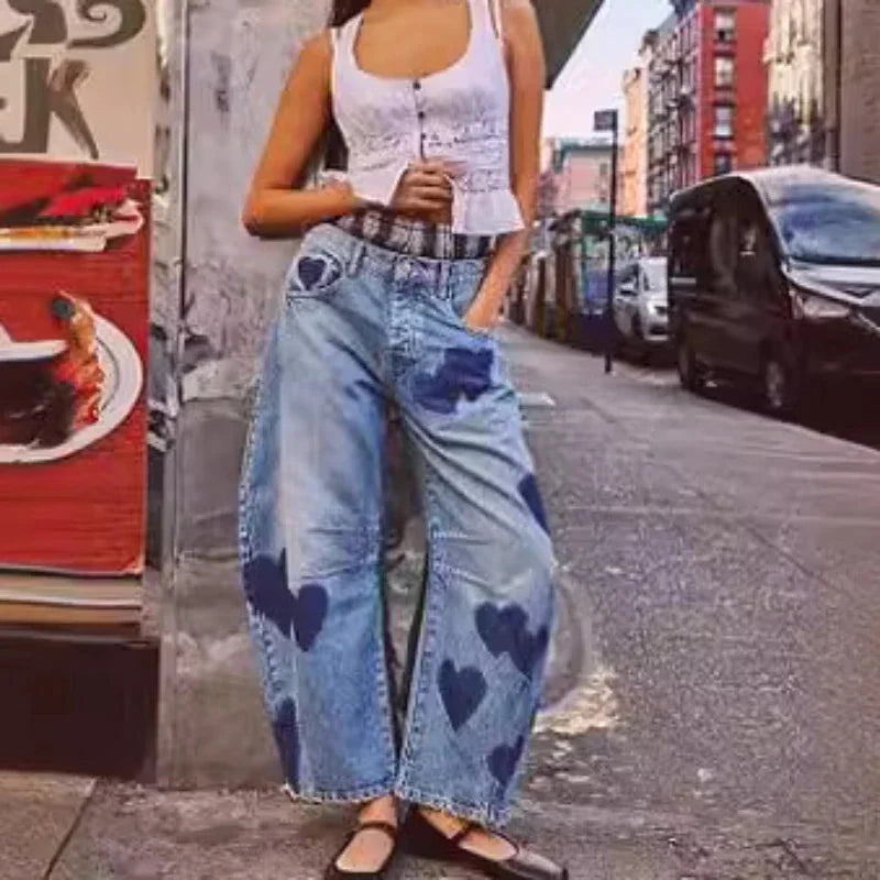 Jeans Women Print Long Pants Casual Loose Denim Blue Mom Heart Mid Waist Wide Leg Pant Trousers Pocket Button Y2k Splice 2025