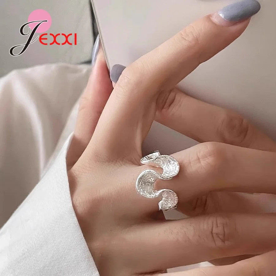 Genuine 925 Sterling Silver Rings For Women Girls Novel Geometric Design Fashionable Temperament Opening Finger Ring Adjustable