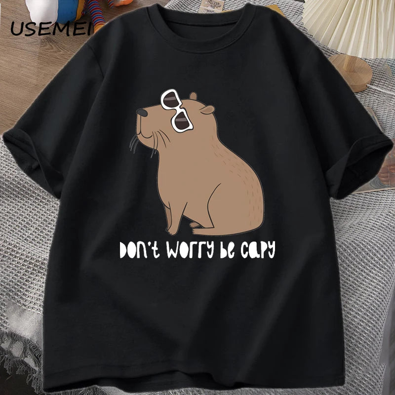 Don't Worry Be Capy Awesome Cute Capybara T-shirts Man Casual Cotton Summer T Shirt Short Sleeve Oversized T-shirt Animal Tees