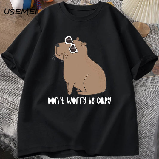 Don't Worry Be Capy Awesome Cute Capybara T-shirts Man Casual Cotton Summer T Shirt Short Sleeve Oversized T-shirt Animal Tees
