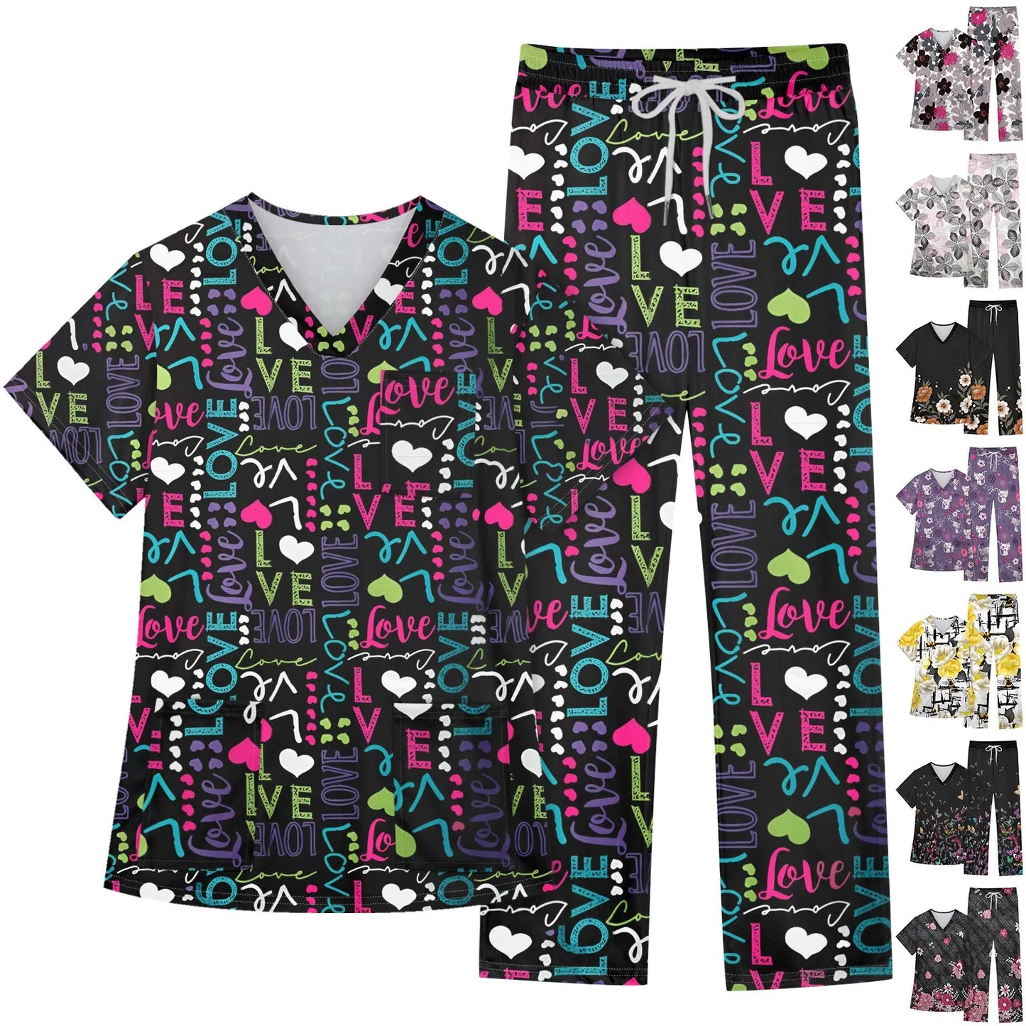 Women's Nursing uniform set Short Sleeve V Neck Animal Print Chest Pocket Top Elastic Waist Pants Two Piece Working Scrubs Set