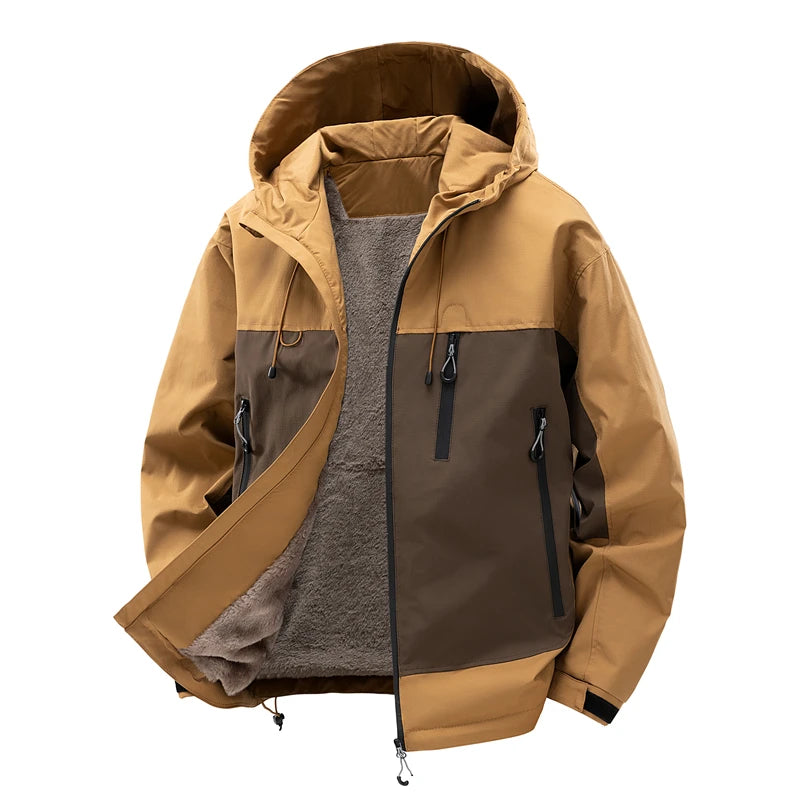 Fleece Lined Jackets for Men Outdoor Waterproof Hooded Zip Up Jackets for Camping Hiking Spring Autumn with Zipper Pockets Warm