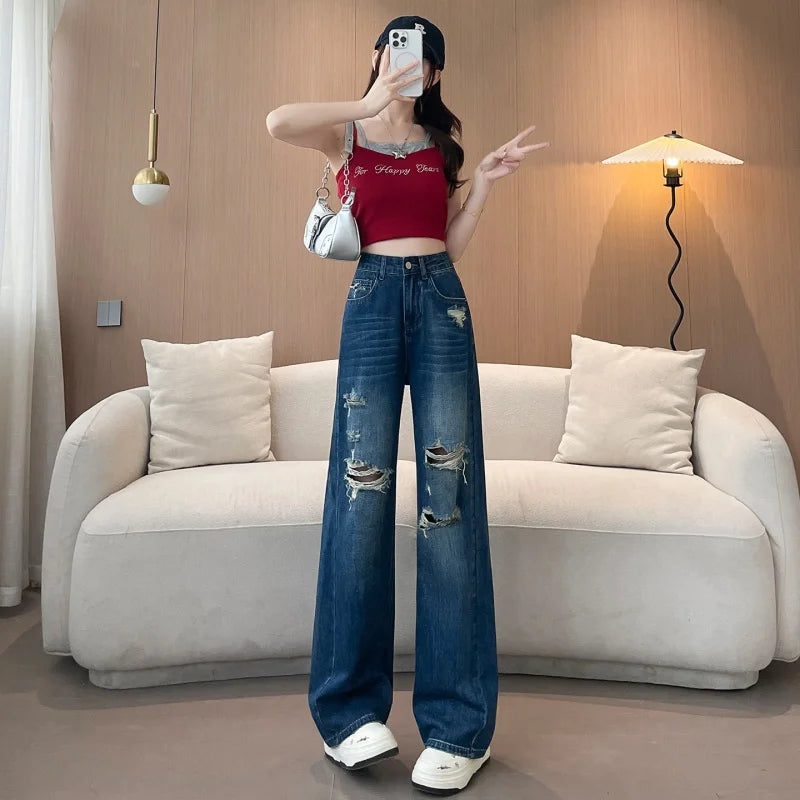 Jeans Women's New Spring and Summer Yangqi Straight Wide-Leg Pants Broken Holes Thin Section Draping Loose Dragging Long Pants