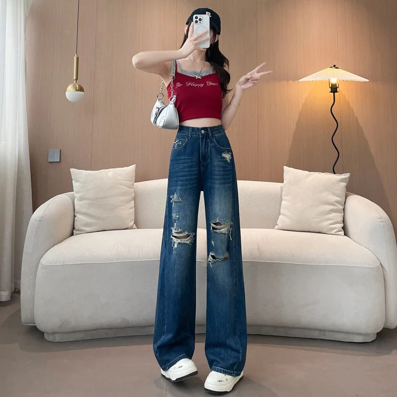 Jeans Women's New Spring and Summer Yangqi Straight Wide-Leg Pants Broken Holes Thin Section Draping Loose Dragging Long Pants