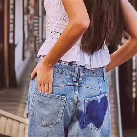Jeans Women Print Long Pants Casual Loose Denim Blue Mom Heart Mid Waist Wide Leg Pant Trousers Pocket Button Y2k Splice 2025