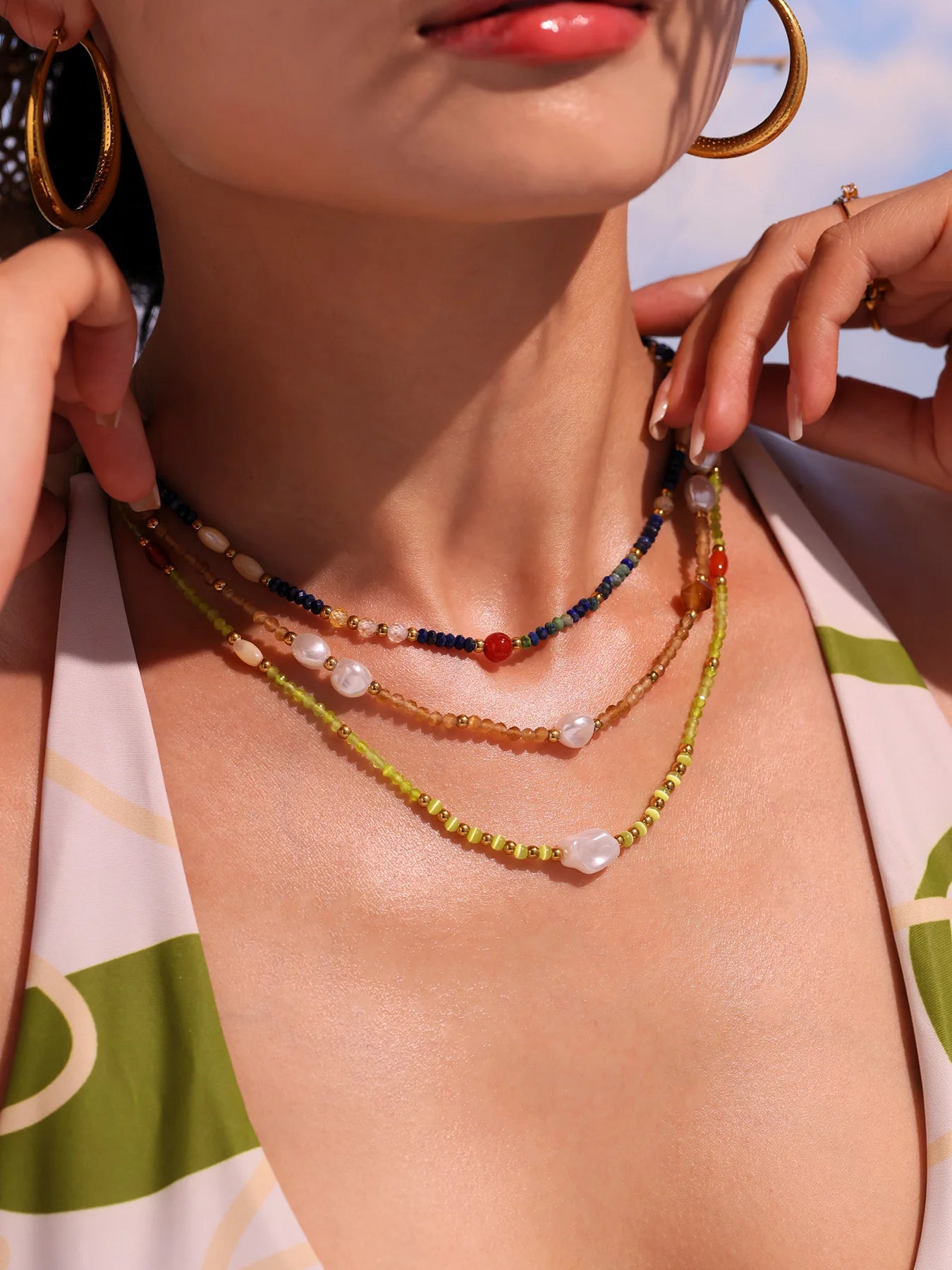 Ethnic Necklace for Women Stainless Steel Round Niche Nature Stones Female Summer Chain Luxury Jewelry Gift