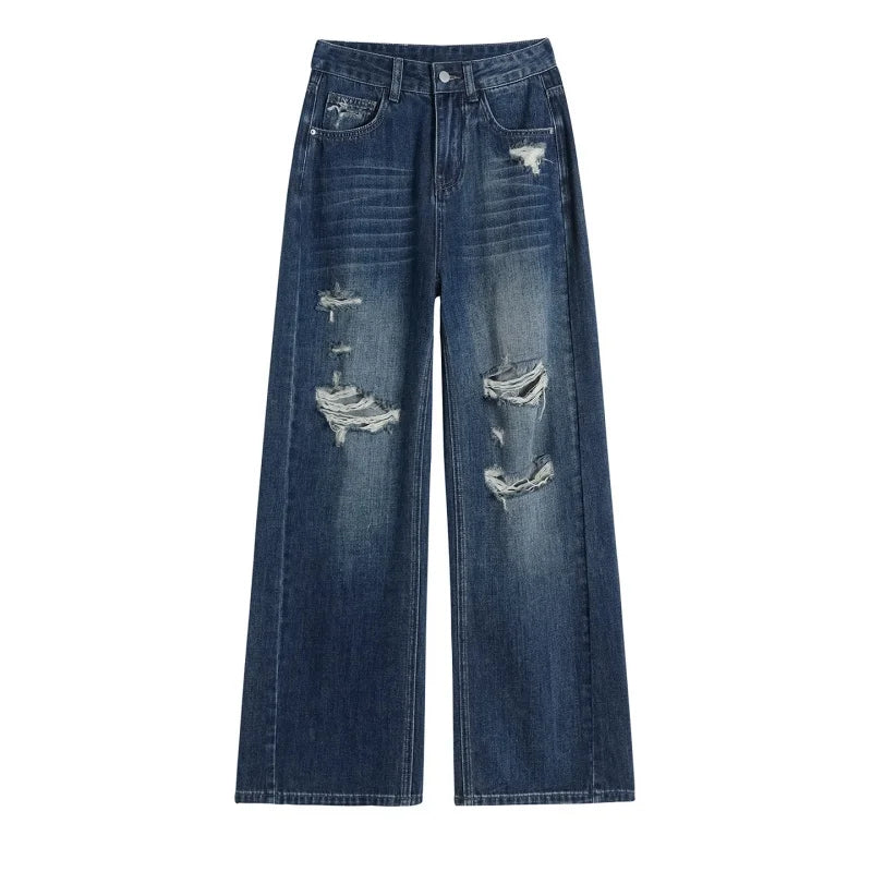 Jeans Women's New Spring and Summer Yangqi Straight Wide-Leg Pants Broken Holes Thin Section Draping Loose Dragging Long Pants
