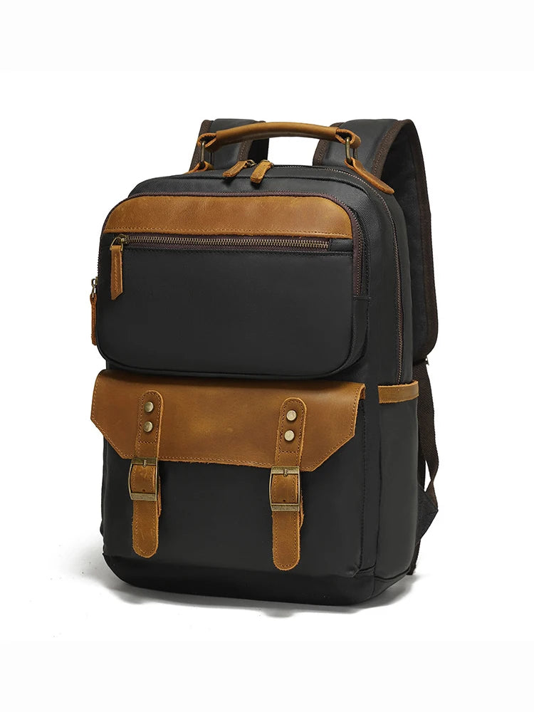 Backpacking man's travel computer backpack, student schoolbag, retro travel book bag, oil wax canvas with top-grain leather