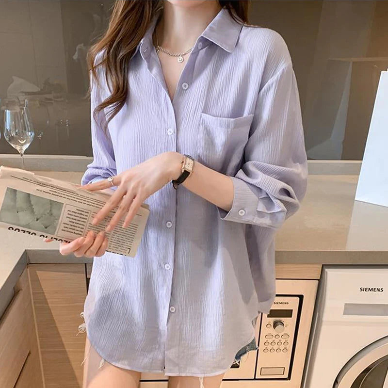 Concise Single Breasted Shirts for Women Spring Autumn 2025 Turn Down Collar Long Sleeve Blouses Woman Solid Color Outwear Lady