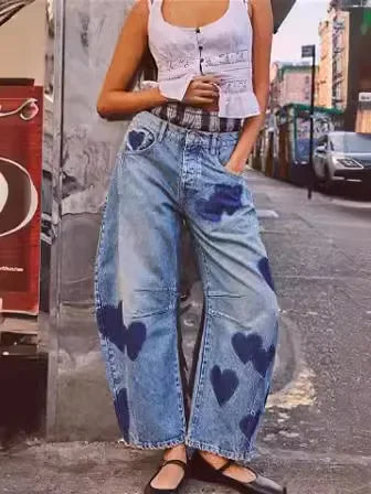 Jeans Women Print Long Pants Casual Loose Denim Blue Mom Heart Mid Waist Wide Leg Pant Trousers Pocket Button Y2k Splice 2025