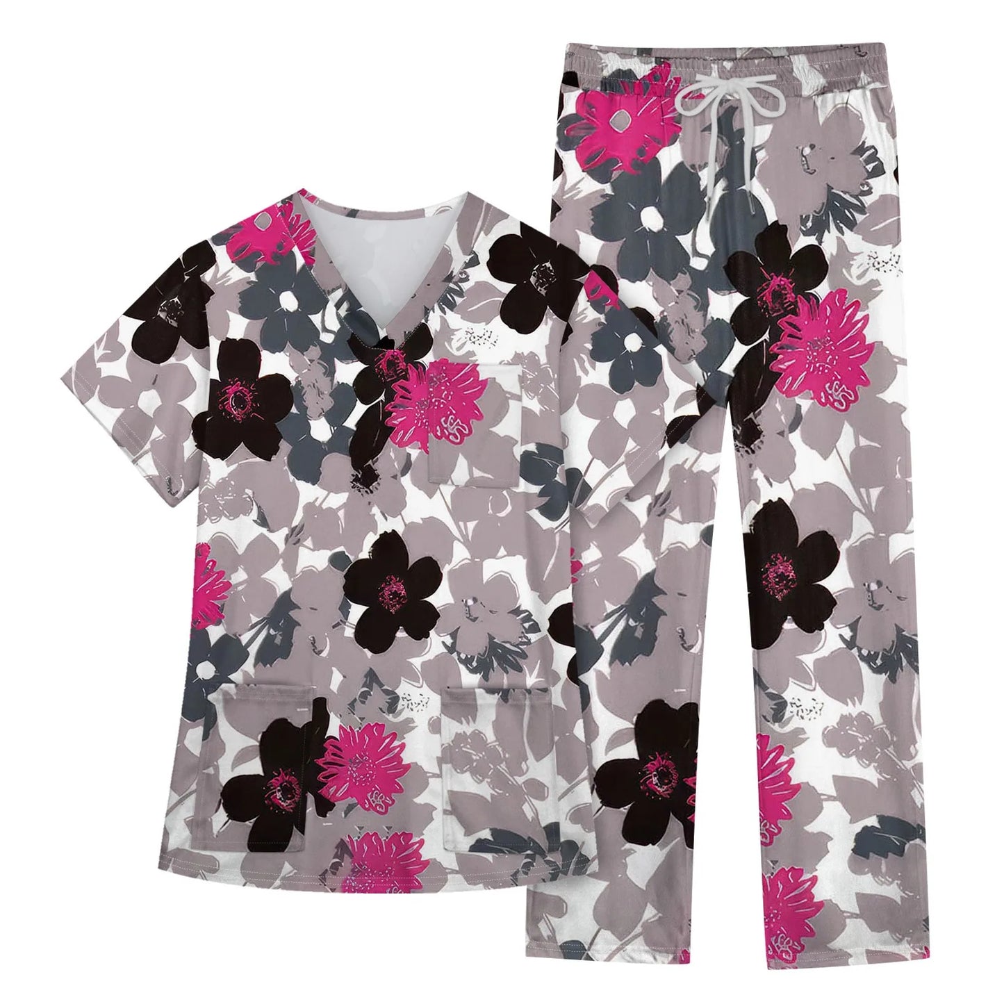Women's Nursing uniform set Short Sleeve V Neck Animal Print Chest Pocket Top Elastic Waist Pants Two Piece Working Scrubs Set