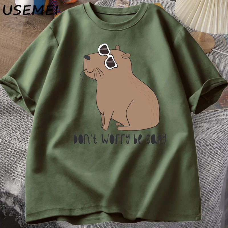 Don't Worry Be Capy Awesome Cute Capybara T-shirts Man Casual Cotton Summer T Shirt Short Sleeve Oversized T-shirt Animal Tees