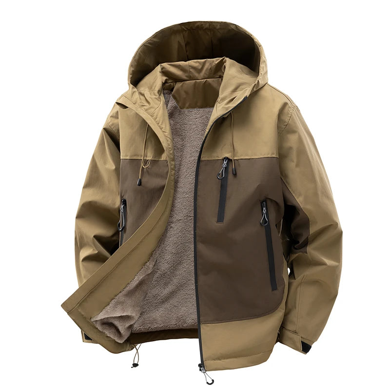 Fleece Lined Jackets for Men Outdoor Waterproof Hooded Zip Up Jackets for Camping Hiking Spring Autumn with Zipper Pockets Warm