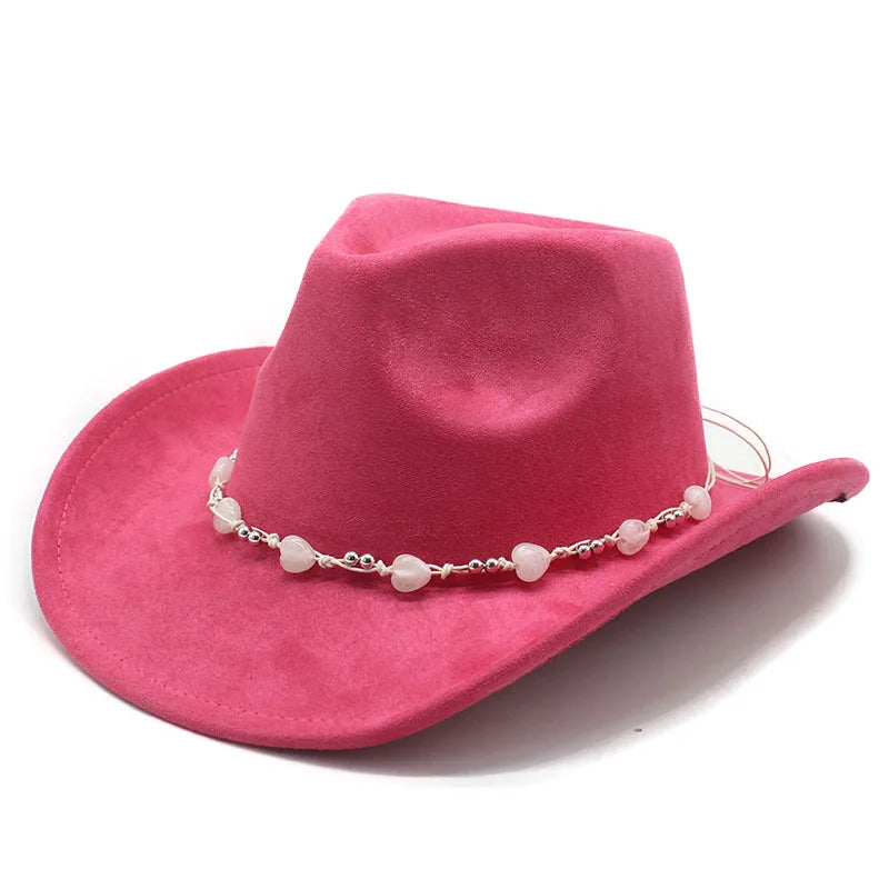 Women's Elegant Western Hat - Curved Brim Faux Suede Polyester Cowboy Hat (57-58cm) with White Heart Band
