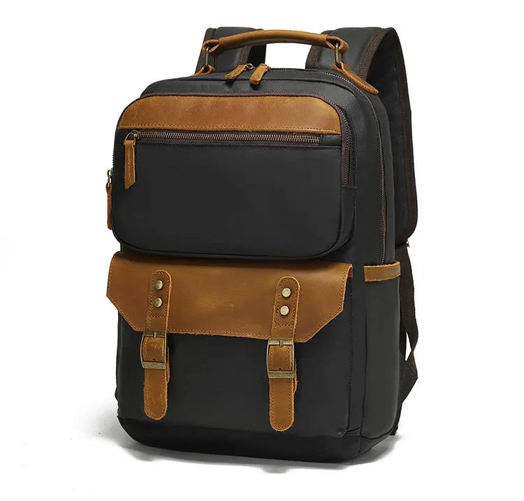 Backpacking man's travel computer backpack, student schoolbag, retro travel book bag, oil wax canvas with top-grain leather