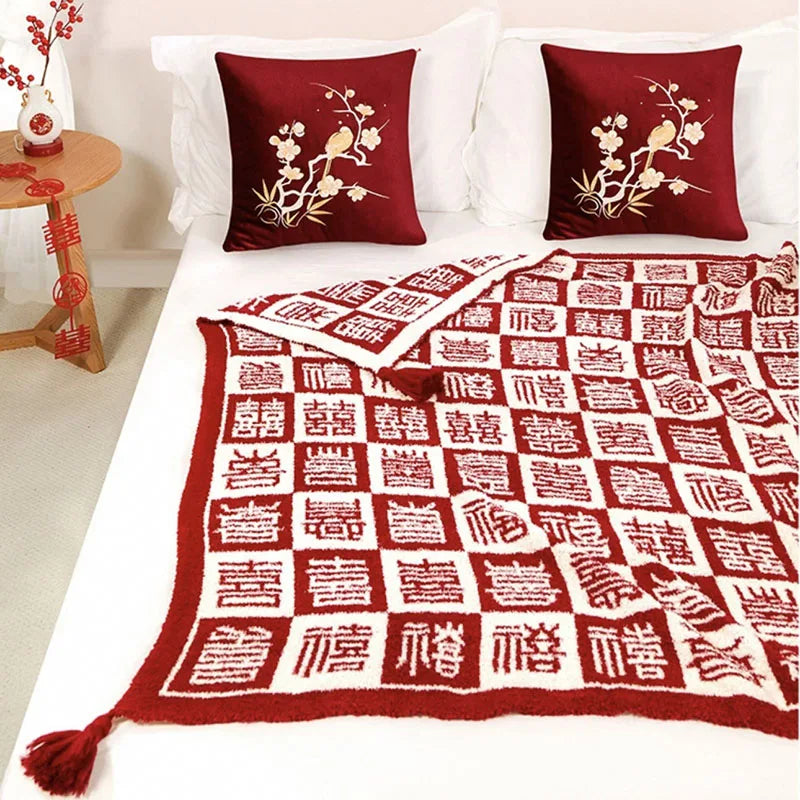 Red Fine Fluff Wedding Blanket Cover Joyful Multi Purpose Keep Warm Sofa Throw Blankets Little Shawl Cushion for Four Seasons