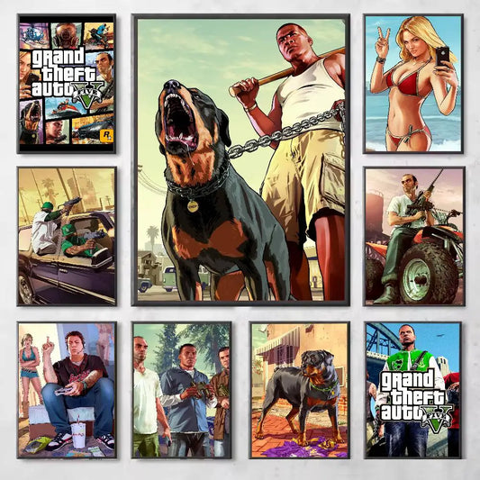 Game GTA 5 Grand Theft Auto Poster Gallery Prints Self Adhesive Home Decor Decoration Wall Decals Living Room Sticker