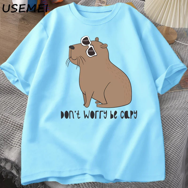 Don't Worry Be Capy Awesome Cute Capybara T-shirts Man Casual Cotton Summer T Shirt Short Sleeve Oversized T-shirt Animal Tees