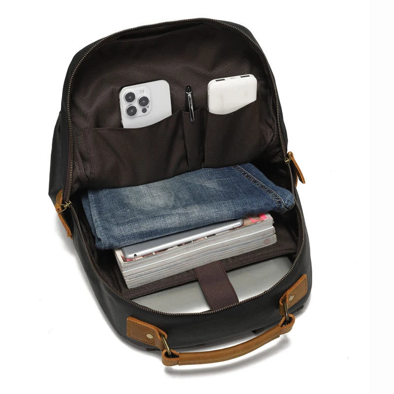 Backpacking man's travel computer backpack, student schoolbag, retro travel book bag, oil wax canvas with top-grain leather