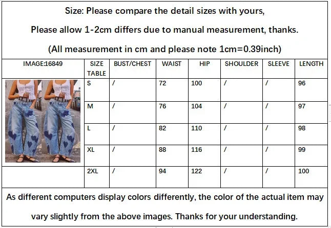 Jeans Women Print Long Pants Casual Loose Denim Blue Mom Heart Mid Waist Wide Leg Pant Trousers Pocket Button Y2k Splice 2025