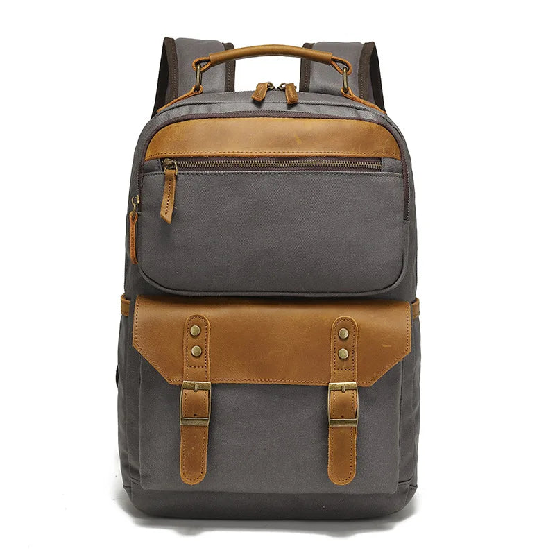 Backpacking man's travel computer backpack, student schoolbag, retro travel book bag, oil wax canvas with top-grain leather