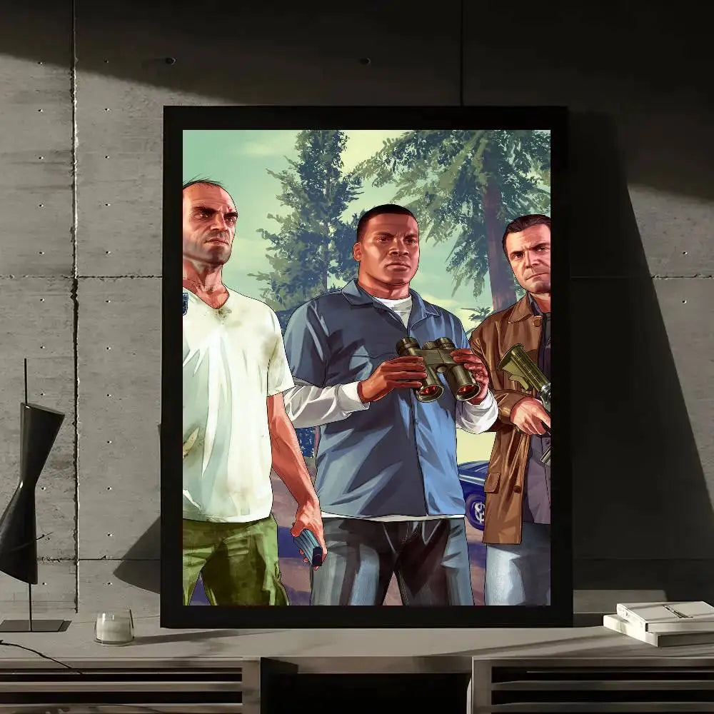 Game GTA 5 Grand Theft Auto Poster Gallery Prints Self Adhesive Home Decor Decoration Wall Decals Living Room Sticker
