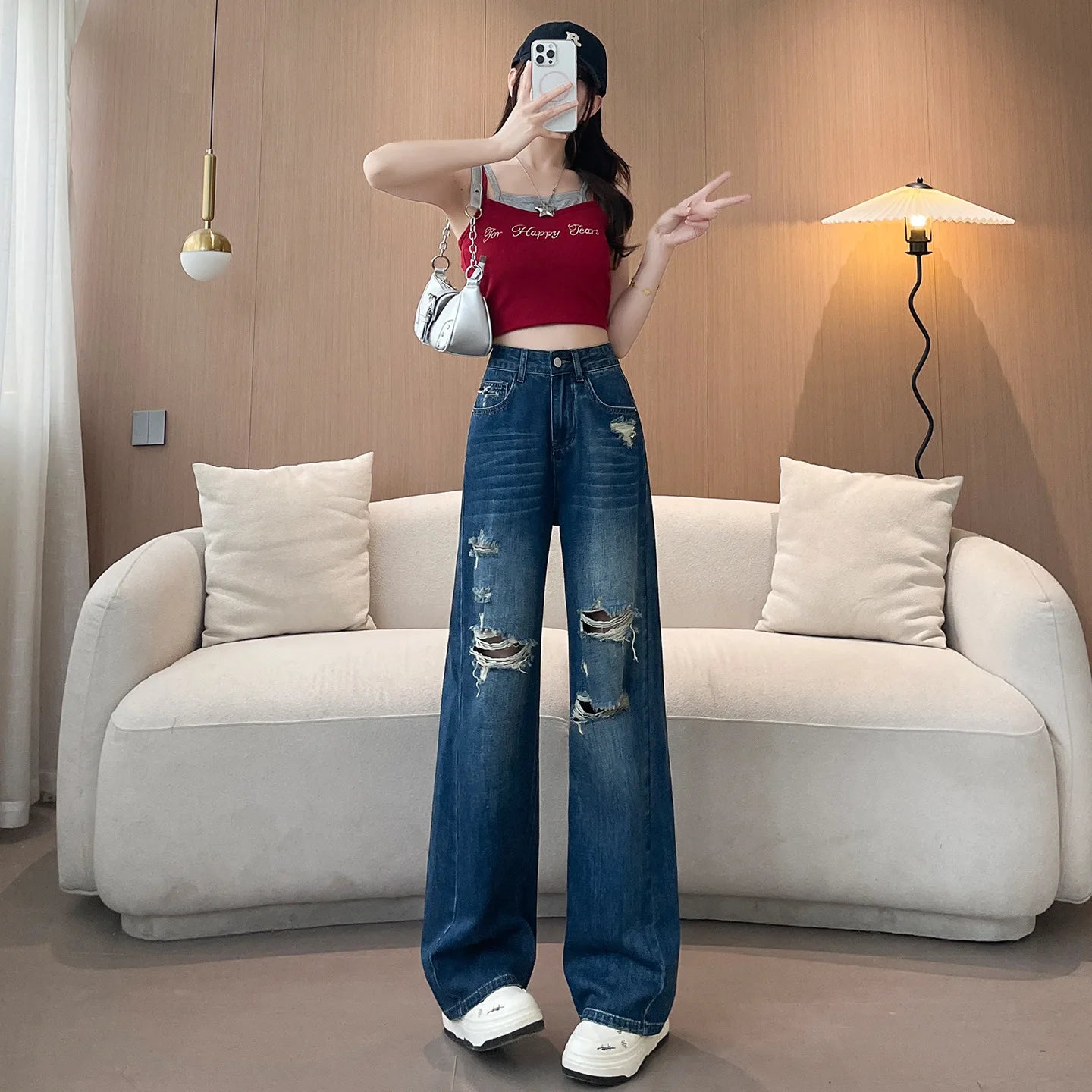 Jeans Women's New Spring and Summer Yangqi Straight Wide-Leg Pants Broken Holes Thin Section Draping Loose Dragging Long Pants