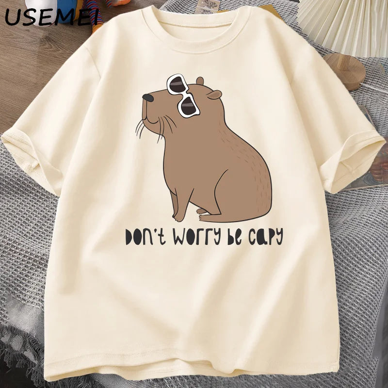 Don't Worry Be Capy Awesome Cute Capybara T-shirts Man Casual Cotton Summer T Shirt Short Sleeve Oversized T-shirt Animal Tees