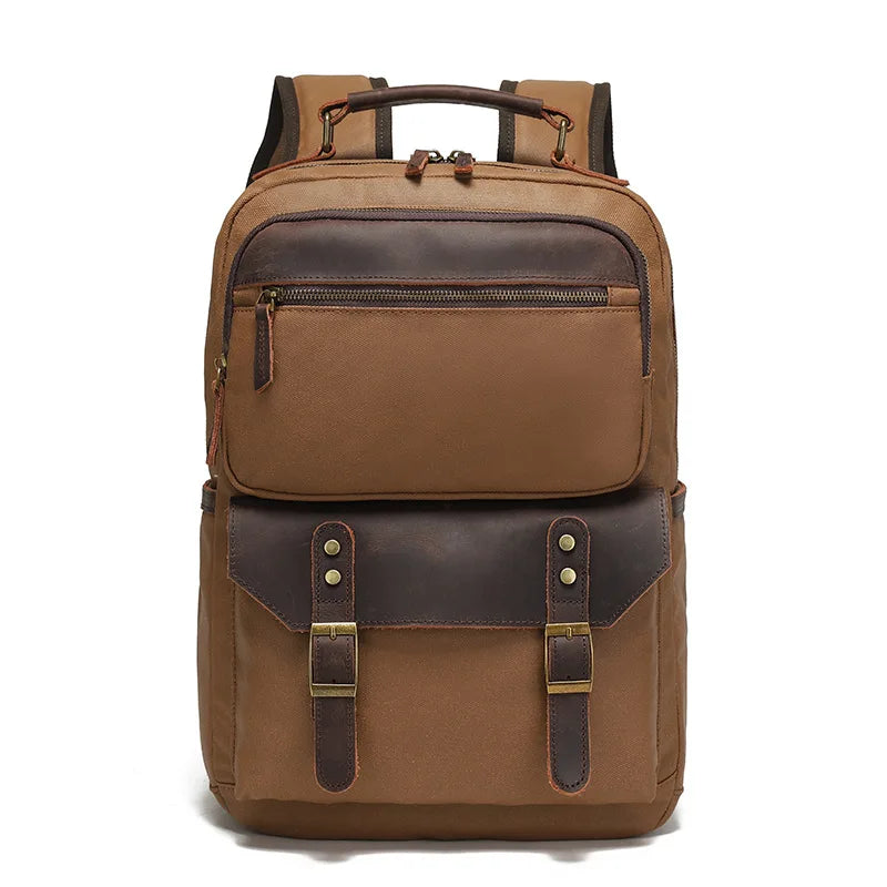 Backpacking man's travel computer backpack, student schoolbag, retro travel book bag, oil wax canvas with top-grain leather