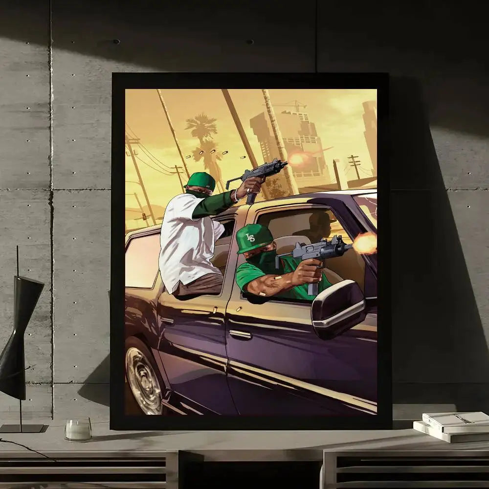 Game GTA 5 Grand Theft Auto Poster Gallery Prints Self Adhesive Home Decor Decoration Wall Decals Living Room Sticker