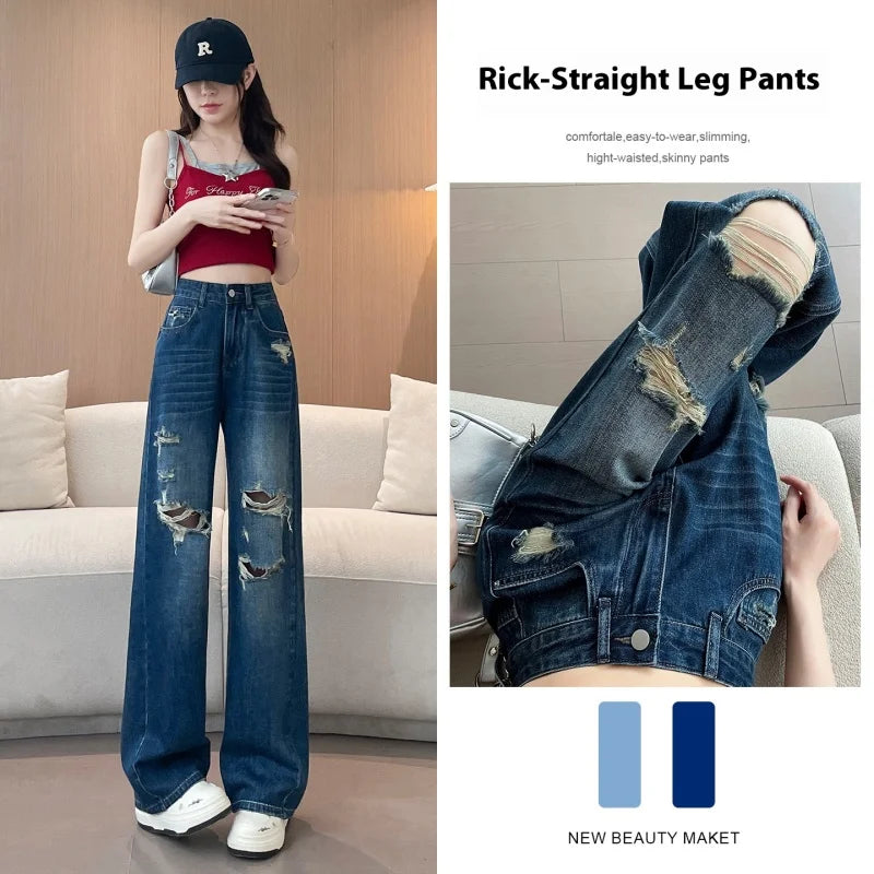 Jeans Women's New Spring and Summer Yangqi Straight Wide-Leg Pants Broken Holes Thin Section Draping Loose Dragging Long Pants