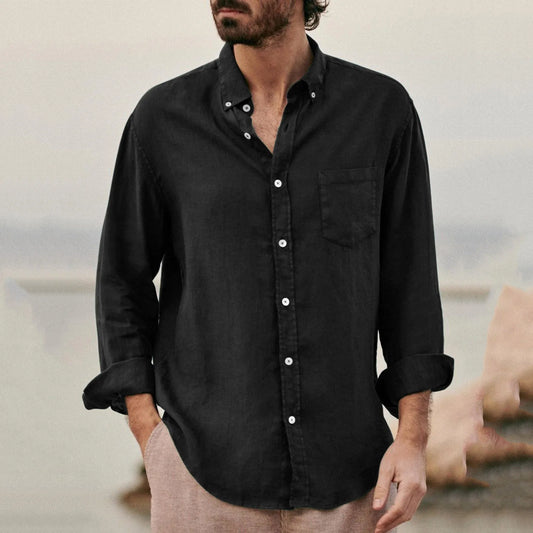 Men's Long-sleeved Shirt Cotton Linen Loose Lapel Buttons Black Retro Stylish Simple Top White Vintage Clothes Blouses