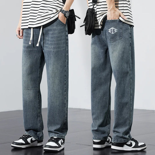 2025 new men's jeans summer thin fashion high-end versatile loose wide-leg retro washed straight men's pants