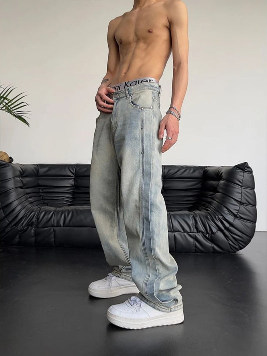 Jeans for Men Loose Light Blue Baggy Straight Man Cowboy Pants Punk Spliced Y2k Vintage Trousers 2024 Korean Autumn Trend Cotton