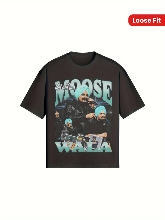 Sidhu Moose Wala Vintage Graphic Tee - 100% Cotton Punjabi Tour Merch Music T-Shirt, Black with Teal Print, Loose Fit Short Slee