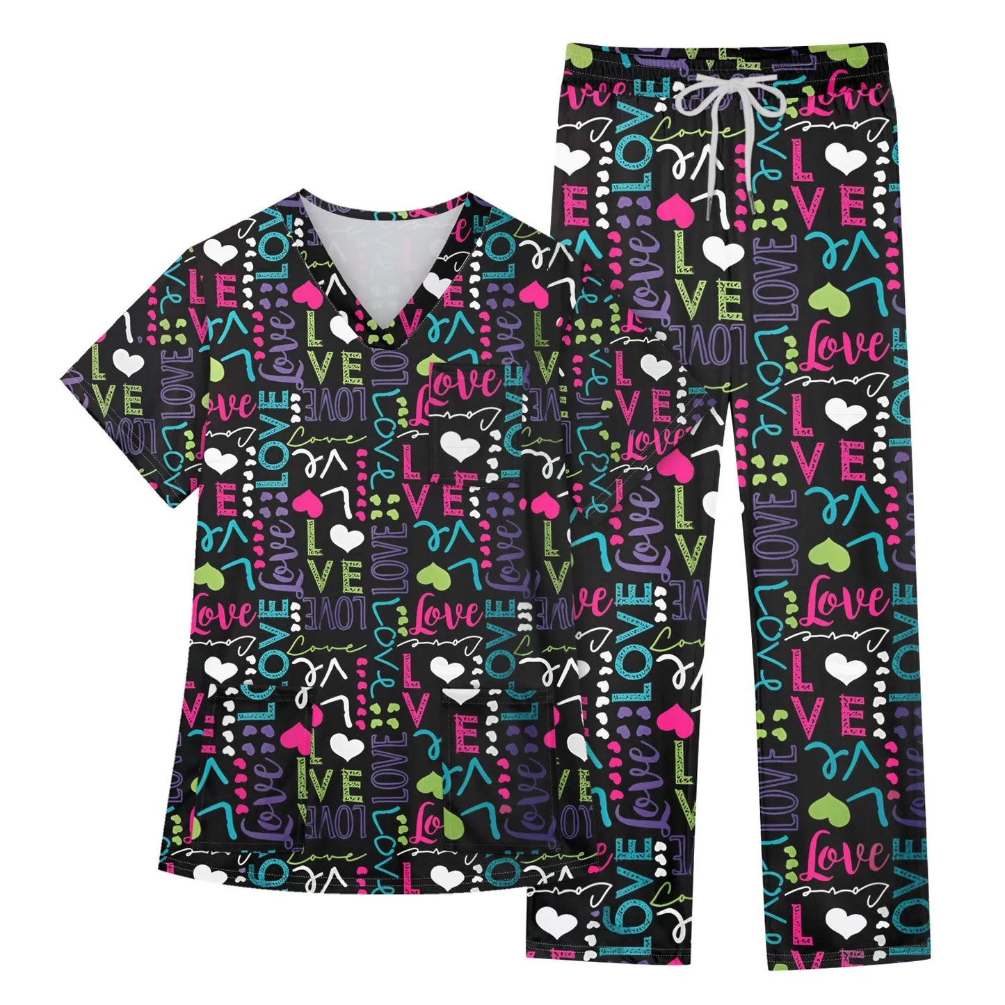 Women's Nursing uniform set Short Sleeve V Neck Animal Print Chest Pocket Top Elastic Waist Pants Two Piece Working Scrubs Set