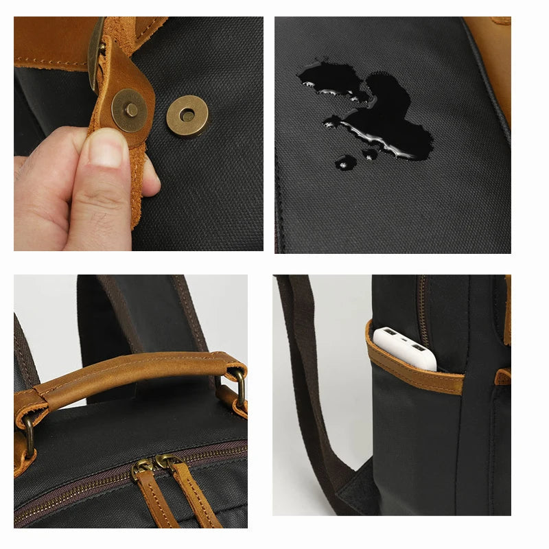 Backpacking man's travel computer backpack, student schoolbag, retro travel book bag, oil wax canvas with top-grain leather
