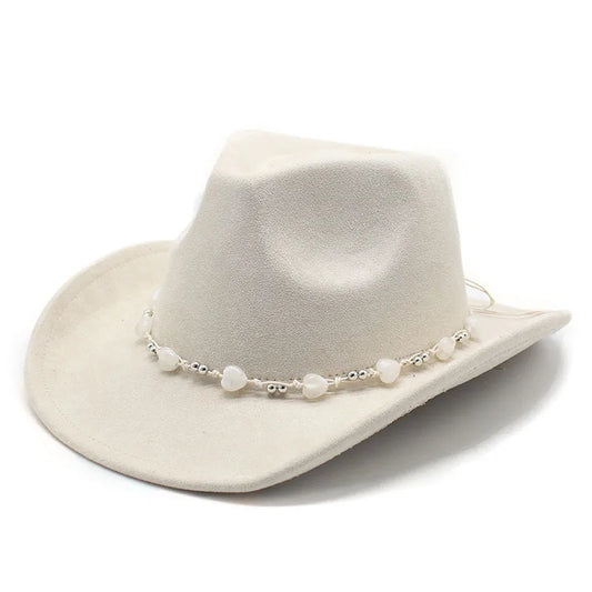 Women's Elegant Western Hat - Curved Brim Faux Suede Polyester Cowboy Hat (57-58cm) with White Heart Band