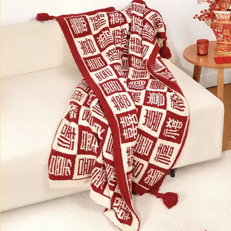 Red Fine Fluff Wedding Blanket Cover Joyful Multi Purpose Keep Warm Sofa Throw Blankets Little Shawl Cushion for Four Seasons