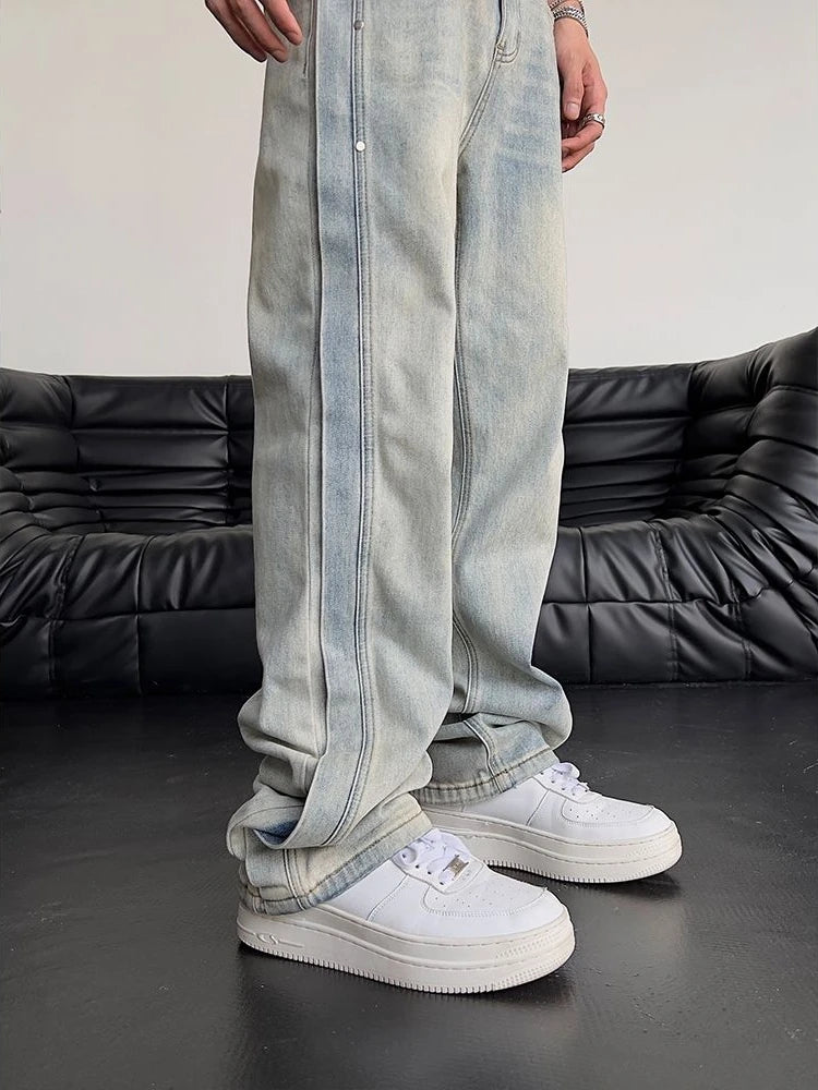 Jeans for Men Loose Light Blue Baggy Straight Man Cowboy Pants Punk Spliced Y2k Vintage Trousers 2024 Korean Autumn Trend Cotton