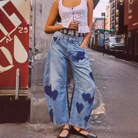 Jeans Women Print Long Pants Casual Loose Denim Blue Mom Heart Mid Waist Wide Leg Pant Trousers Pocket Button Y2k Splice 2025