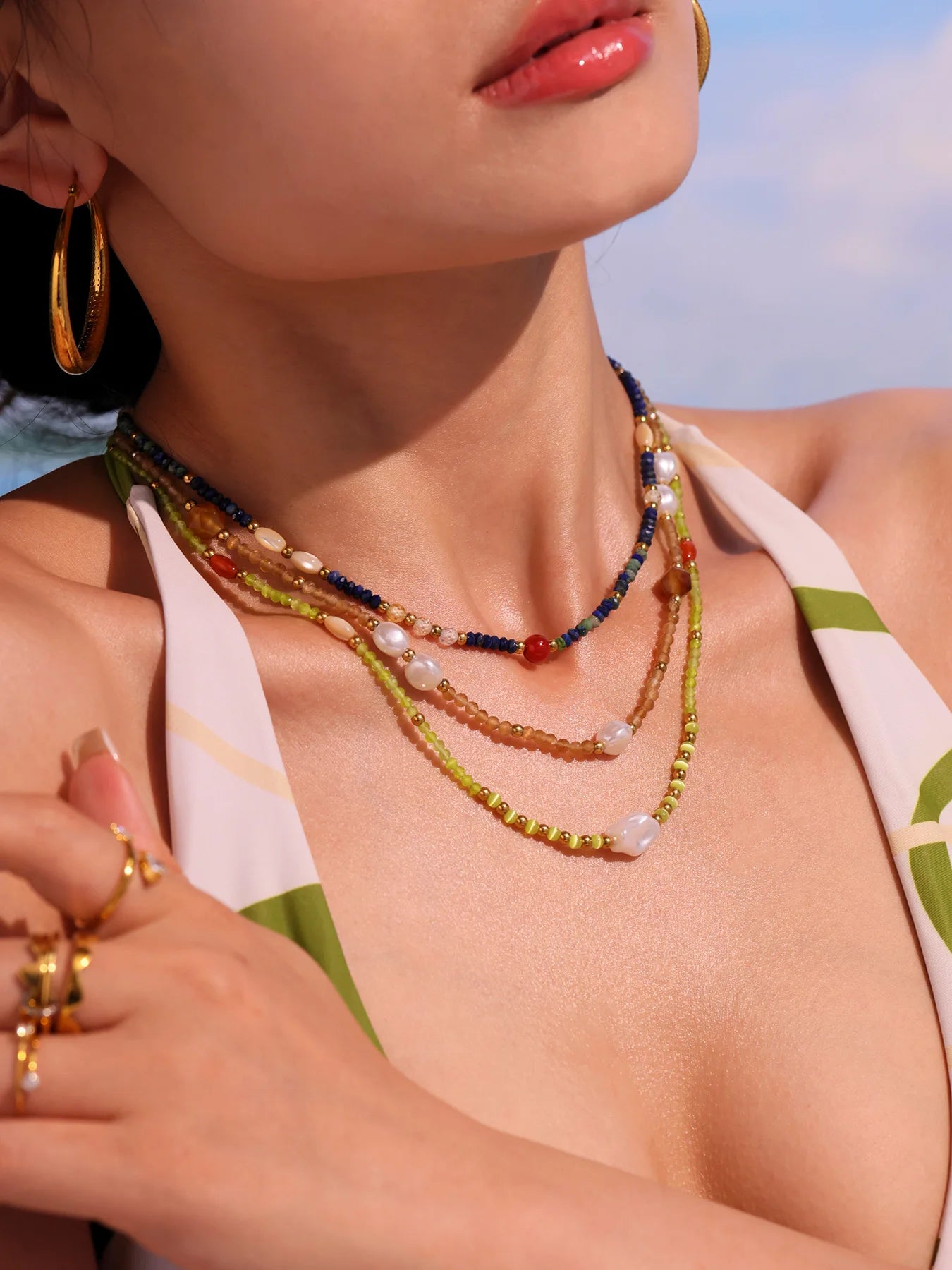 Ethnic Necklace for Women Stainless Steel Round Niche Nature Stones Female Summer Chain Luxury Jewelry Gift